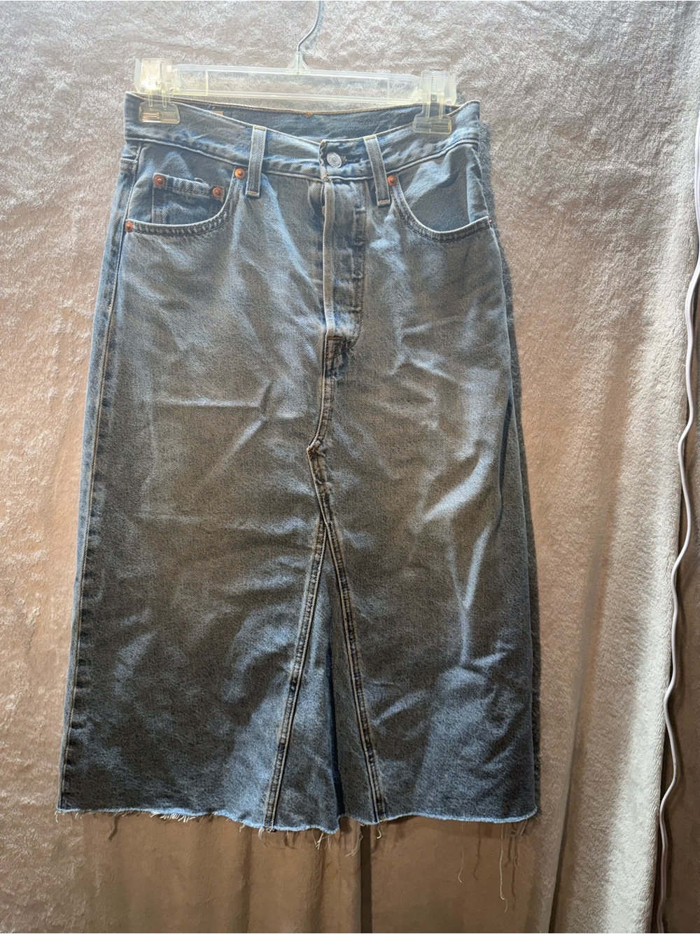 Levi's Premium Blue Denim Midi Skirt Raw Hem Women's
